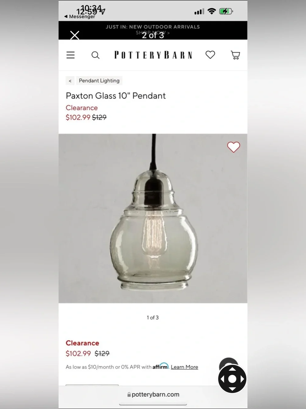 New in Box Pottery Barn Paxton Medium Smoky Glass Pendant Light in Dark Gray